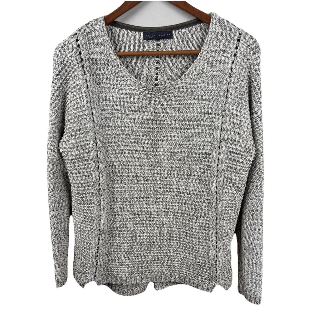M&S Collection Pullover Cable Knit Soft Ladies 14 Gray/Khaki Round Neck